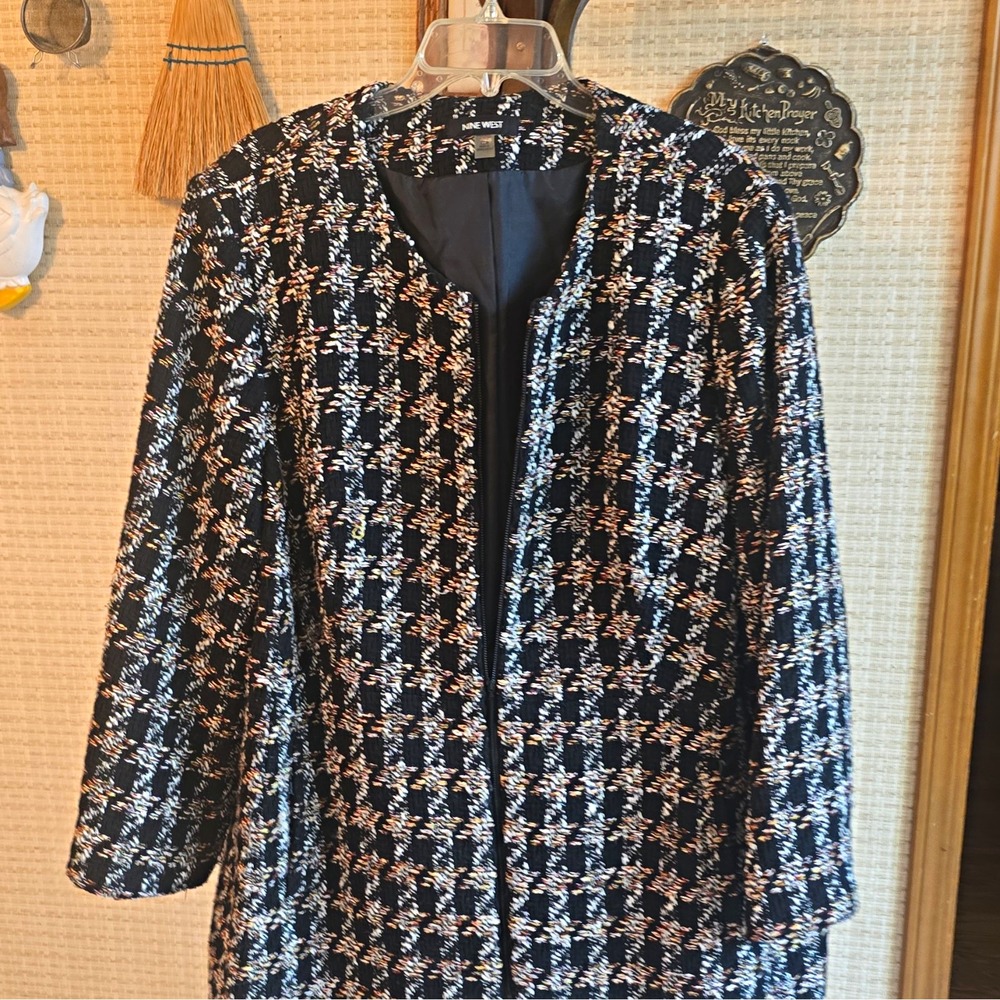 Nine West Women's 22W Plus Black Plaid Open Front Collarless Lined Jacket